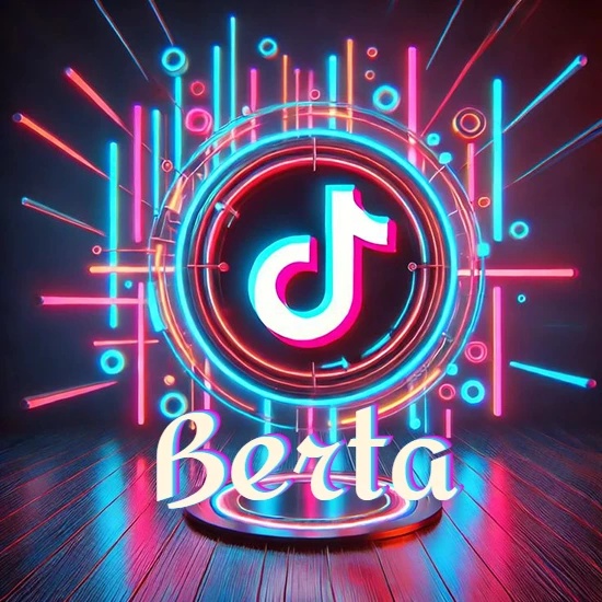 Escenario vibrante iluminado con luces de neón rojas y azules. Círculo de luz central con logotipo de TikTok. Nombre en una base circular iluminada sobre el suelo de madera. Diseño con el nombre Berta. Escenario vibrante iluminado con luces de neón rojas y azules. Círculo de luz central con logotipo de TikTok. Nombre en una base circular iluminada sobre el suelo de madera. Diseño con el nombre Berta.