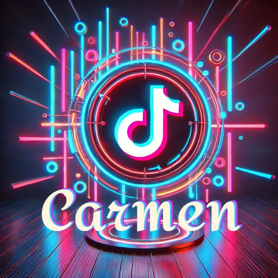 Escenario vibrante iluminado con luces de neón rojas y azules. Círculo de luz central con logotipo de TikTok. Nombre en una base circular iluminada sobre el suelo de madera. Diseño con el nombre Carmen.