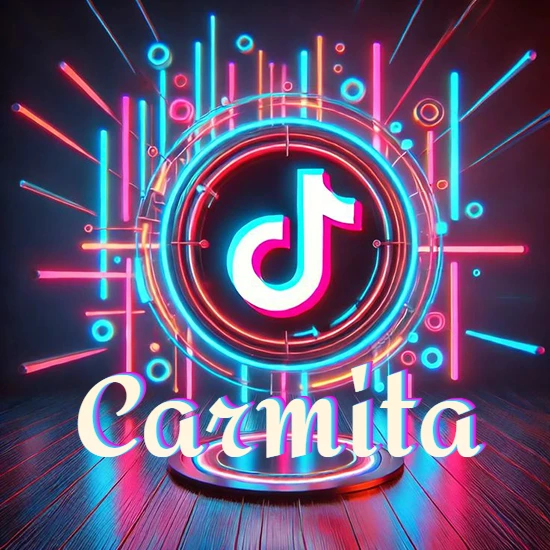 Escenario vibrante iluminado con luces de neón rojas y azules. Círculo de luz central con logotipo de TikTok. Nombre en una base circular iluminada sobre el suelo de madera. Diseño con el nombre Carmita.