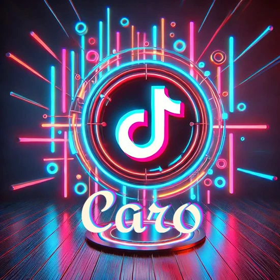 Escenario vibrante iluminado con luces de neón rojas y azules. Círculo de luz central con logotipo de TikTok. Nombre en una base circular iluminada sobre el suelo de madera. Diseño con el nombre Caro.