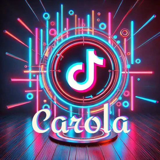 Escenario vibrante iluminado con luces de neón rojas y azules. Círculo de luz central con logotipo de TikTok. Nombre en una base circular iluminada sobre el suelo de madera. Diseño con el nombre Carola.