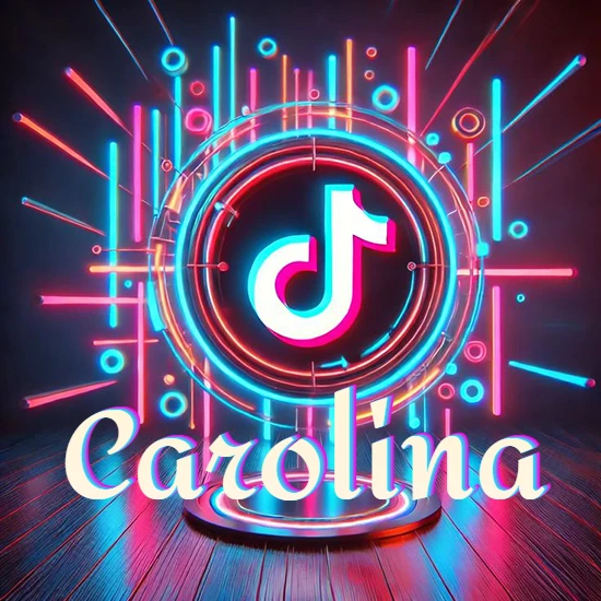 Escenario vibrante iluminado con luces de neón rojas y azules. Círculo de luz central con logotipo de TikTok. Nombre en una base circular iluminada sobre el suelo de madera. Diseño con el nombre Carolina.