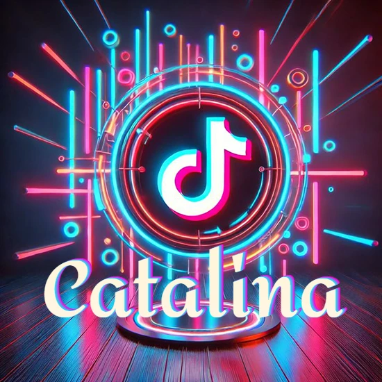 Escenario vibrante iluminado con luces de neón rojas y azules. Círculo de luz central con logotipo de TikTok. Nombre en una base circular iluminada sobre el suelo de madera. Diseño con el nombre Catalina.