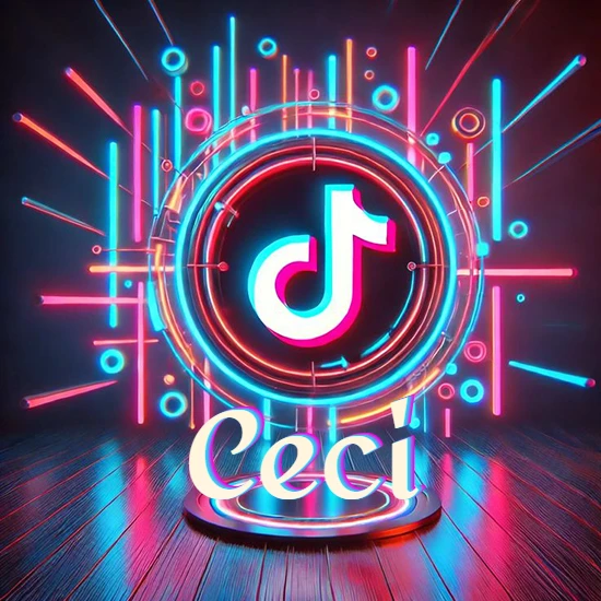 Escenario vibrante iluminado con luces de neón rojas y azules. Círculo de luz central con logotipo de TikTok. Nombre en una base circular iluminada sobre el suelo de madera. Diseño con el nombre Ceci.