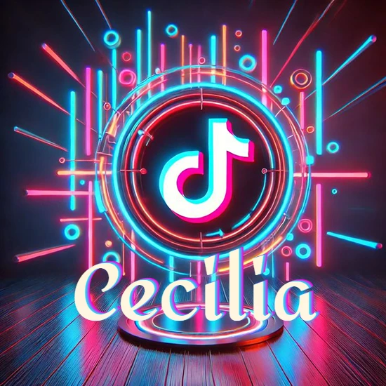 Escenario vibrante iluminado con luces de neón rojas y azules. Círculo de luz central con logotipo de TikTok. Nombre en una base circular iluminada sobre el suelo de madera. Diseño con el nombre Cecilia.