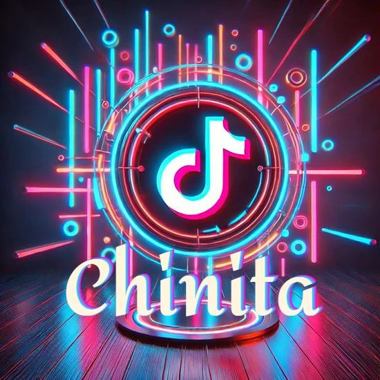 Escenario vibrante iluminado con luces de neón rojas y azules. Círculo de luz central con logotipo de TikTok. Nombre en una base circular iluminada sobre el suelo de madera. Diseño con el nombre Chinita.