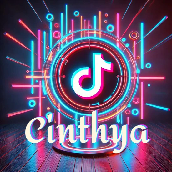 Escenario vibrante iluminado con luces de neón rojas y azules. Círculo de luz central con logotipo de TikTok. Nombre en una base circular iluminada sobre el suelo de madera. Diseño con el nombre Cinthya.