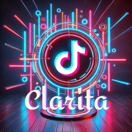 Escenario vibrante iluminado con luces de neón rojas y azules. Círculo de luz central con logotipo de TikTok. Nombre en una base circular iluminada sobre el suelo de madera. Diseño con el nombre Clarita.