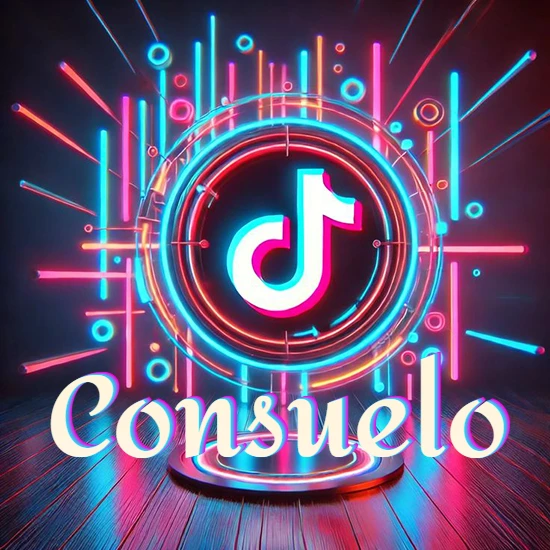 Escenario vibrante iluminado con luces de neón rojas y azules. Círculo de luz central con logotipo de TikTok. Nombre en una base circular iluminada sobre el suelo de madera. Diseño con el nombre Consuelo.