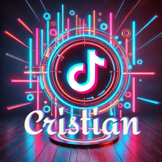 Escenario vibrante iluminado con luces de neón rojas y azules. Círculo de luz central con logotipo de TikTok. Nombre en una base circular iluminada sobre el suelo de madera. Diseño con el nombre Cristian.