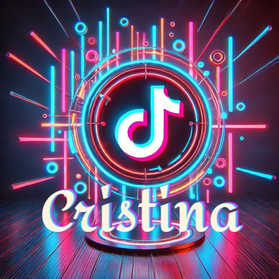 Escenario vibrante iluminado con luces de neón rojas y azules. Círculo de luz central con logotipo de TikTok. Nombre en una base circular iluminada sobre el suelo de madera. Diseño con el nombre Cristina.