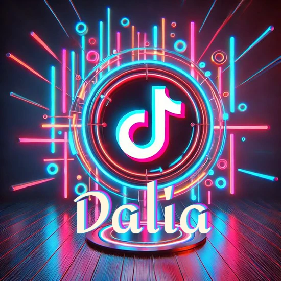 Escenario vibrante iluminado con luces de neón rojas y azules. Círculo de luz central con logotipo de TikTok. Nombre en una base circular iluminada sobre el suelo de madera. Diseño con el nombre Dalia.