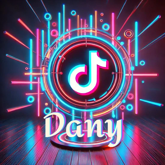 Escenario vibrante iluminado con luces de neón rojas y azules. Círculo de luz central con logotipo de TikTok. Nombre en una base circular iluminada sobre el suelo de madera. Diseño con el nombre Dany.