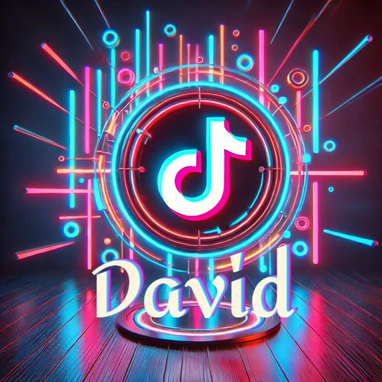 Escenario vibrante iluminado con luces de neón rojas y azules. Círculo de luz central con logotipo de TikTok. Nombre en una base circular iluminada sobre el suelo de madera. Diseño con el nombre David.