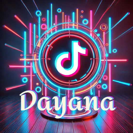Escenario vibrante iluminado con luces de neón rojas y azules. Círculo de luz central con logotipo de TikTok. Nombre en una base circular iluminada sobre el suelo de madera. Diseño con el nombre Dayana.