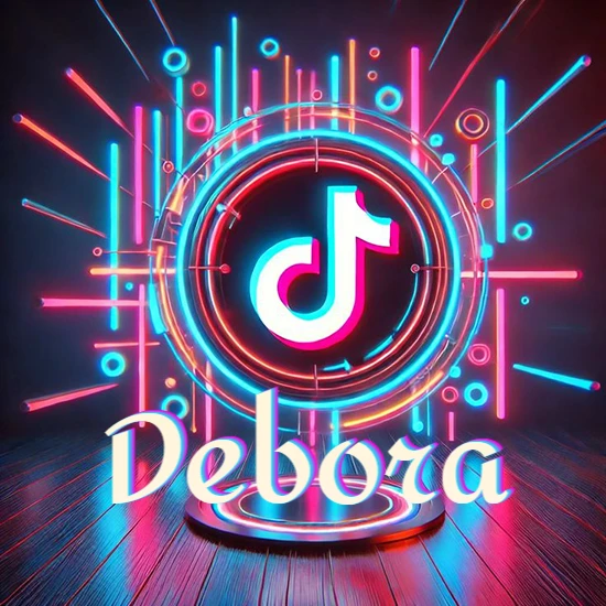 Escenario vibrante iluminado con luces de neón rojas y azules. Círculo de luz central con logotipo de TikTok. Nombre en una base circular iluminada sobre el suelo de madera. Diseño con el nombre Debora.
