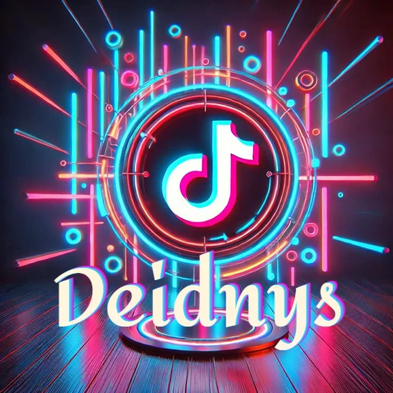 Escenario vibrante iluminado con luces de neón rojas y azules. Círculo de luz central con logotipo de TikTok. Nombre en una base circular iluminada sobre el suelo de madera. Diseño con el nombre Deidnys.