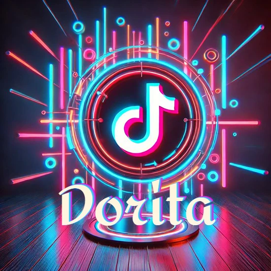 Escenario vibrante iluminado con luces de neón rojas y azules. Círculo de luz central con logotipo de TikTok. Nombre en una base circular iluminada sobre el suelo de madera. Diseño con el nombre Dorita.