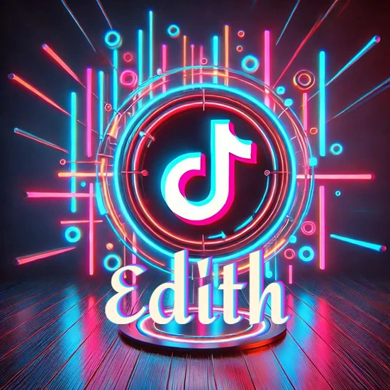 Escenario vibrante iluminado con luces de neón rojas y azules. Círculo de luz central con logotipo de TikTok. Nombre en una base circular iluminada sobre el suelo de madera. Diseño con el nombre Edith.