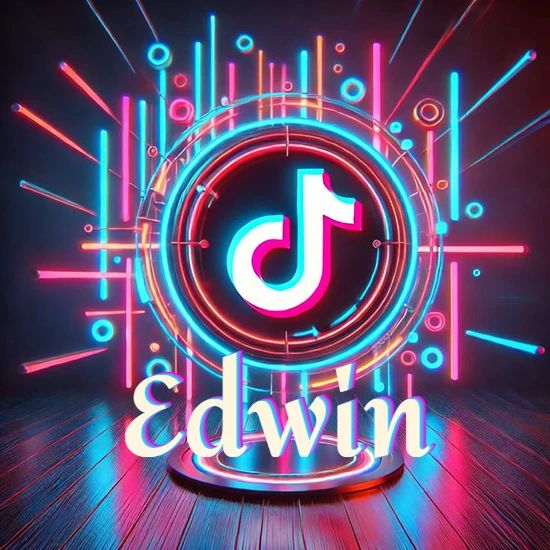 Escenario vibrante iluminado con luces de neón rojas y azules. Círculo de luz central con logotipo de TikTok. Nombre en una base circular iluminada sobre el suelo de madera. Diseño con el nombre Edwin.