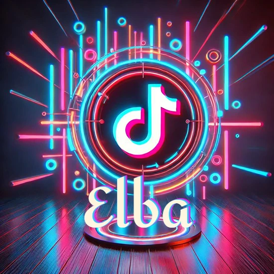 Escenario vibrante iluminado con luces de neón rojas y azules. Círculo de luz central con logotipo de TikTok. Nombre en una base circular iluminada sobre el suelo de madera. Diseño con el nombre Elba.
