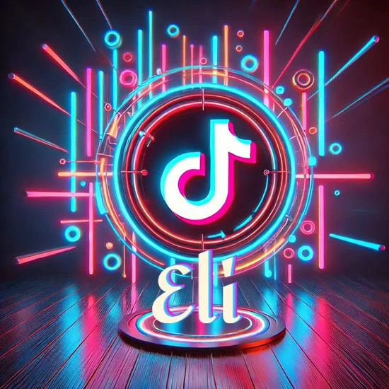 Escenario vibrante iluminado con luces de neón rojas y azules. Círculo de luz central con logotipo de TikTok. Nombre en una base circular iluminada sobre el suelo de madera. Diseño con el nombre Eli.