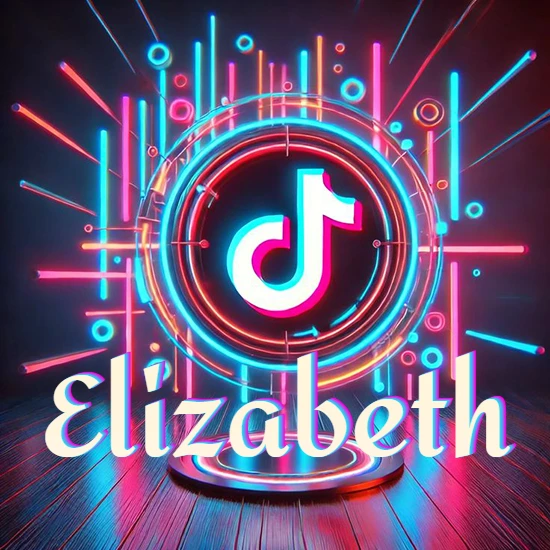 Escenario vibrante iluminado con luces de neón rojas y azules. Círculo de luz central con logotipo de TikTok. Nombre en una base circular iluminada sobre el suelo de madera. Diseño con el nombre Elizabeth.