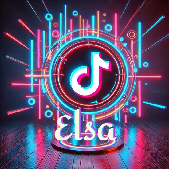 Escenario vibrante iluminado con luces de neón rojas y azules. Círculo de luz central con logotipo de TikTok. Nombre en una base circular iluminada sobre el suelo de madera. Diseño con el nombre Elsa.