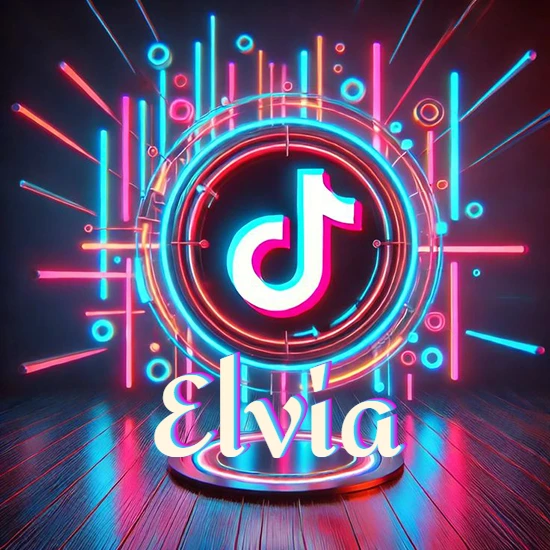 Escenario vibrante iluminado con luces de neón rojas y azules. Círculo de luz central con logotipo de TikTok. Nombre en una base circular iluminada sobre el suelo de madera. Diseño con el nombre Elvia.