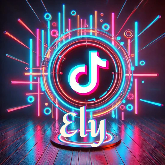 Escenario vibrante iluminado con luces de neón rojas y azules. Círculo de luz central con logotipo de TikTok. Nombre en una base circular iluminada sobre el suelo de madera. Diseño con el nombre Ely.