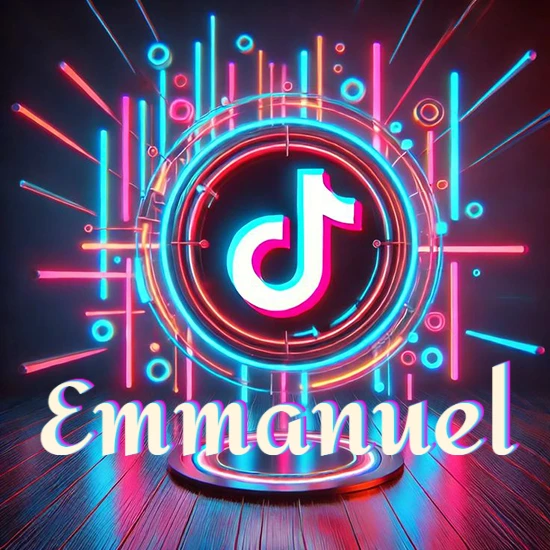 Escenario vibrante iluminado con luces de neón rojas y azules. Círculo de luz central con logotipo de TikTok. Nombre en una base circular iluminada sobre el suelo de madera. Diseño con el nombre Emmanuel.