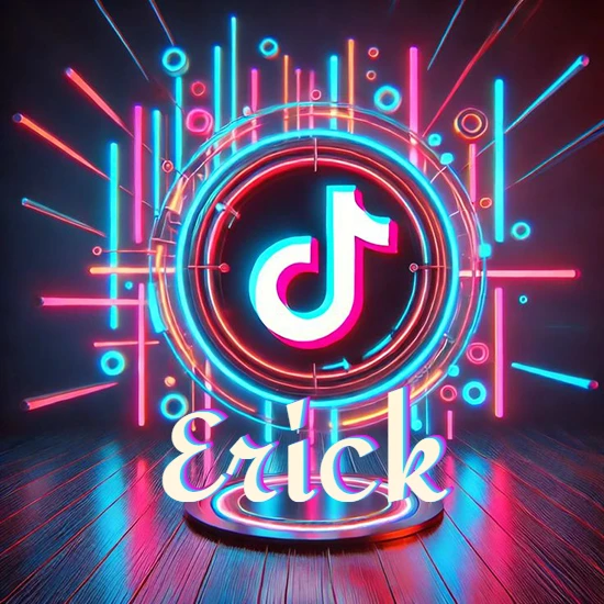 Escenario vibrante iluminado con luces de neón rojas y azules. Círculo de luz central con logotipo de TikTok. Nombre en una base circular iluminada sobre el suelo de madera. Diseño con el nombre Erick.