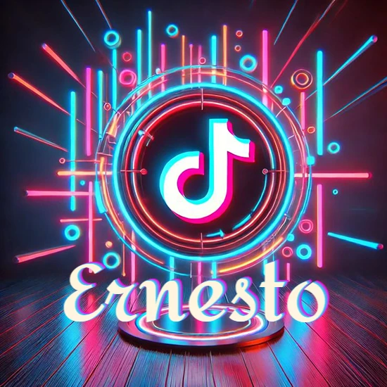 Escenario vibrante iluminado con luces de neón rojas y azules. Círculo de luz central con logotipo de TikTok. Nombre en una base circular iluminada sobre el suelo de madera. Diseño con el nombre Ernesto.