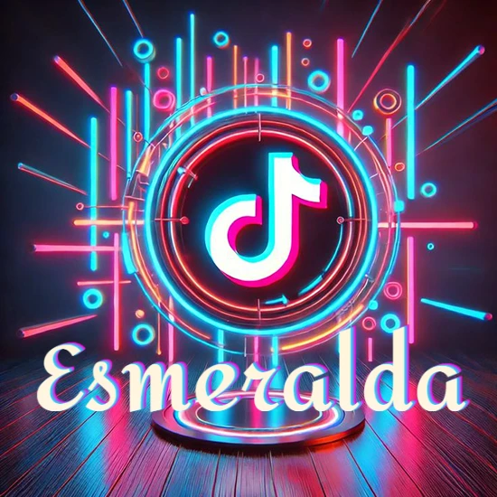 Escenario vibrante iluminado con luces de neón rojas y azules. Círculo de luz central con logotipo de TikTok. Nombre en una base circular iluminada sobre el suelo de madera. Diseño con el nombre Esmeralda.