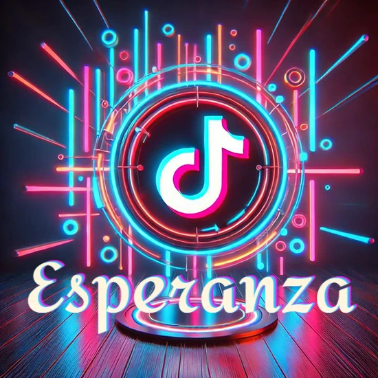 Escenario vibrante iluminado con luces de neón rojas y azules. Círculo de luz central con logotipo de TikTok. Nombre en una base circular iluminada sobre el suelo de madera. Diseño con el nombre Esperanza.