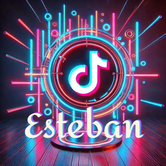 Escenario vibrante iluminado con luces de neón rojas y azules. Círculo de luz central con logotipo de TikTok. Nombre en una base circular iluminada sobre el suelo de madera. Diseño con el nombre Esteban.