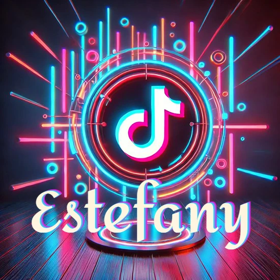 Escenario vibrante iluminado con luces de neón rojas y azules. Círculo de luz central con logotipo de TikTok. Nombre en una base circular iluminada sobre el suelo de madera. Diseño con el nombre Estefany.
