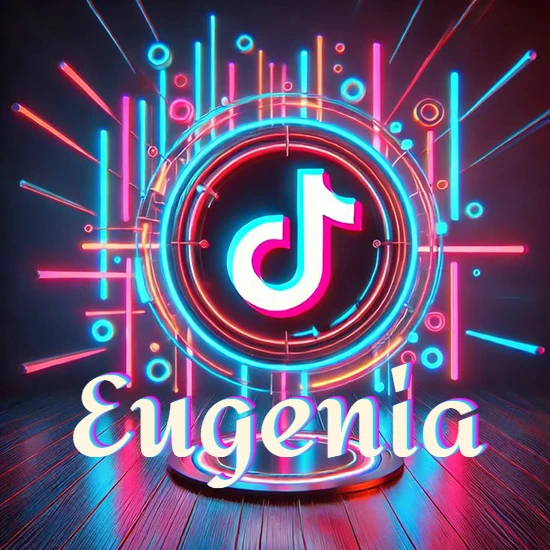 Escenario vibrante iluminado con luces de neón rojas y azules. Círculo de luz central con logotipo de TikTok. Nombre en una base circular iluminada sobre el suelo de madera. Diseño con el nombre Eugenia.