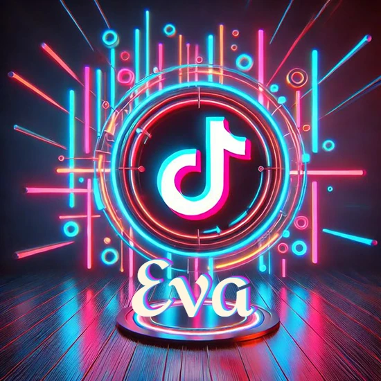 Escenario vibrante iluminado con luces de neón rojas y azules. Círculo de luz central con logotipo de TikTok. Nombre en una base circular iluminada sobre el suelo de madera. Diseño con el nombre Eva.