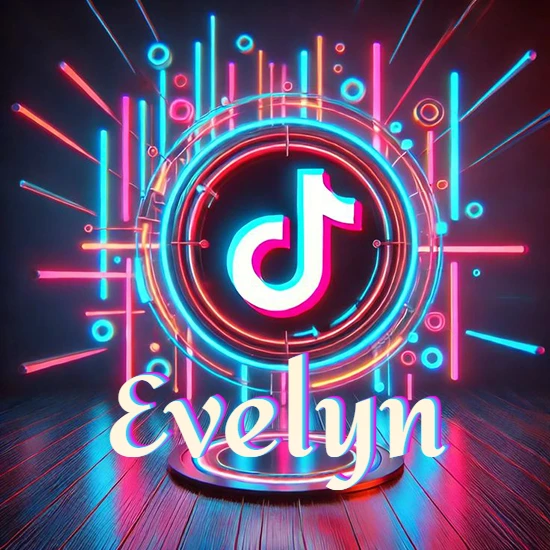 Escenario vibrante iluminado con luces de neón rojas y azules. Círculo de luz central con logotipo de TikTok. Nombre en una base circular iluminada sobre el suelo de madera. Diseño con el nombre Evelyn.