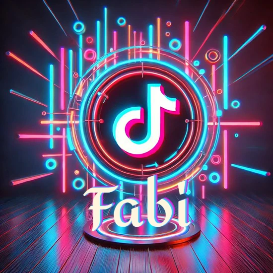 Escenario vibrante iluminado con luces de neón rojas y azules. Círculo de luz central con logotipo de TikTok. Nombre en una base circular iluminada sobre el suelo de madera. Diseño con el nombre Fabi.