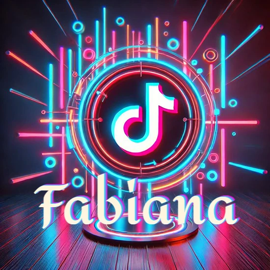 Escenario vibrante iluminado con luces de neón rojas y azules. Círculo de luz central con logotipo de TikTok. Nombre en una base circular iluminada sobre el suelo de madera. Diseño con el nombre Fabiana.
