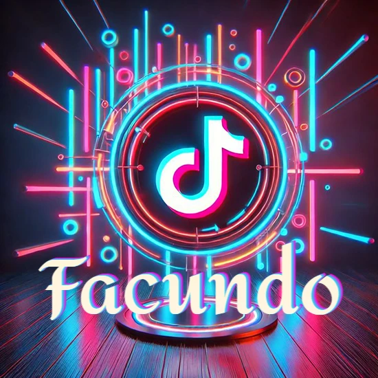 Escenario vibrante iluminado con luces de neón rojas y azules. Círculo de luz central con logotipo de TikTok. Nombre en una base circular iluminada sobre el suelo de madera. Diseño con el nombre Facundo.
