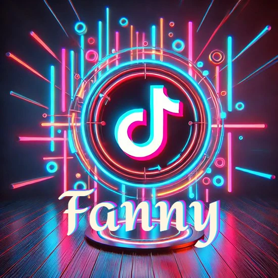 Escenario vibrante iluminado con luces de neón rojas y azules. Círculo de luz central con logotipo de TikTok. Nombre en una base circular iluminada sobre el suelo de madera. Diseño con el nombre Fanny.