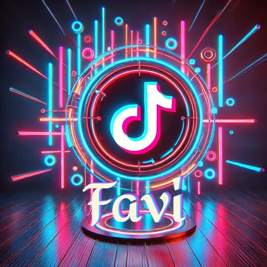Escenario vibrante iluminado con luces de neón rojas y azules. Círculo de luz central con logotipo de TikTok. Nombre en una base circular iluminada sobre el suelo de madera. Diseño con el nombre Favi.