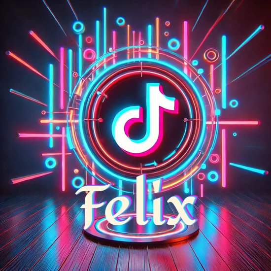 Escenario vibrante iluminado con luces de neón rojas y azules. Círculo de luz central con logotipo de TikTok. Nombre en una base circular iluminada sobre el suelo de madera. Diseño con el nombre Felix.