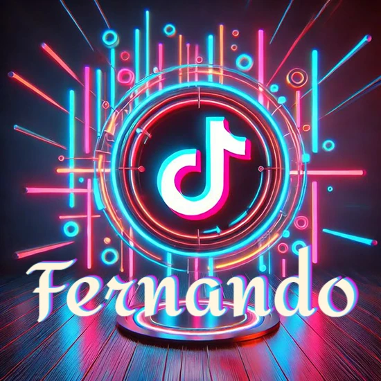 Escenario vibrante iluminado con luces de neón rojas y azules. Círculo de luz central con logotipo de TikTok. Nombre en una base circular iluminada sobre el suelo de madera. Diseño con el nombre Fernando.