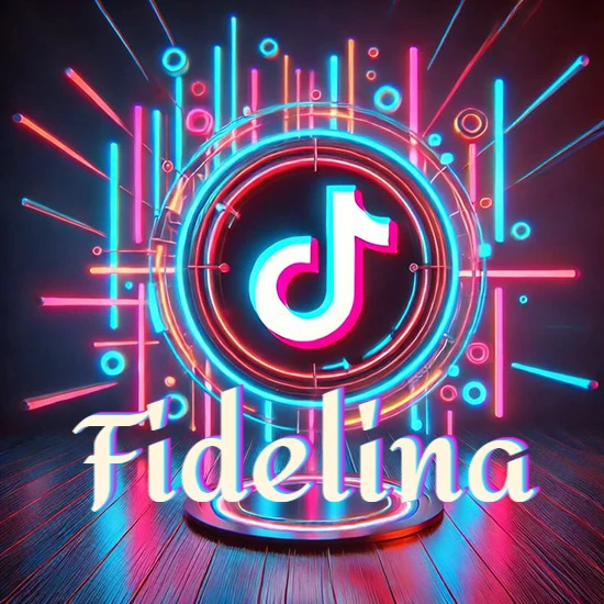 Escenario vibrante iluminado con luces de neón rojas y azules. Círculo de luz central con logotipo de TikTok. Nombre en una base circular iluminada sobre el suelo de madera. Diseño con el nombre Fidelina.