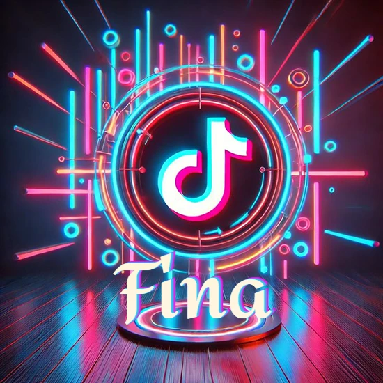 Escenario vibrante iluminado con luces de neón rojas y azules. Círculo de luz central con logotipo de TikTok. Nombre en una base circular iluminada sobre el suelo de madera. Diseño con el nombre Fina.