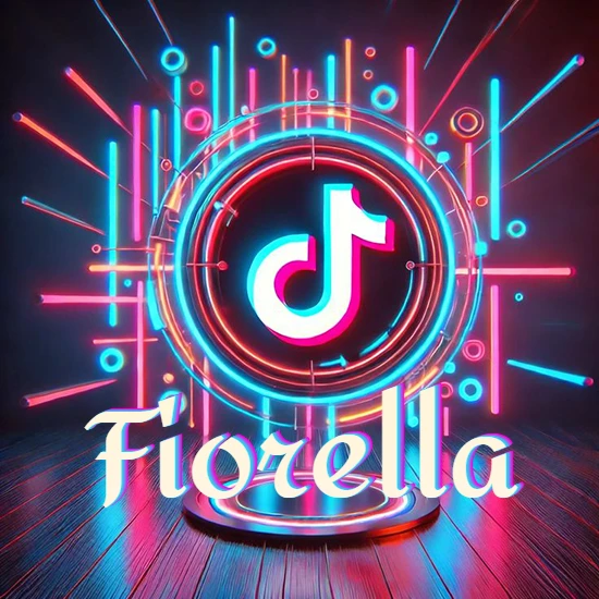 Escenario vibrante iluminado con luces de neón rojas y azules. Círculo de luz central con logotipo de TikTok. Nombre en una base circular iluminada sobre el suelo de madera. Diseño con el nombre Fiorella.